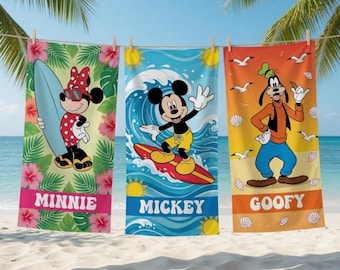 Personalized Mickey and Friends Beach Towel, Custom Character Mickey and Friends Gift, Summer Pool Beach Towel