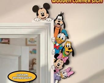 Mickey And Friends Vertical Door Corner Sign, Mickey Minnie Donald Daisy Goofy Pluto Wooden Corner Decor,Cartoon Door Frame, Kids Room Decor