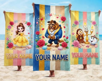Toalla de playa personalizada de La Bella y la Bestia con todos los personajes, toallas para fiestas en la piscina de Bella, toalla estilo dama de honor, regalo de cumpleaños