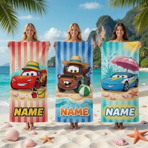 Personalized Disneyland Cars Movie Beach Towel, McQueen Tow Mater Sally Towel, Cars Movie Lover Gift beach towel, Disneyland beach Towel image 1