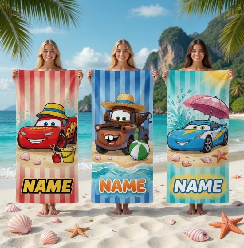 Personalized Disneyland Cars Movie Beach Towel, McQueen Tow Mater Sally Towel, Cars Movie Lover Gift beach towel, Disneyland beach Towel image 1