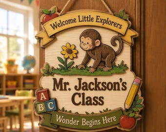 Monkey Class Wood Name Sign, Custom Teacher Name Sign, Preschool Classroom Decor, Jungle Animal Teacher Door Hanger, Back To School