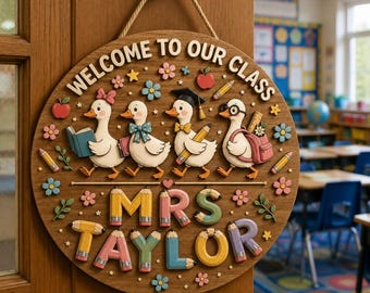 Personalized Teacher Classroom Door Sign, Custom Teacher Name Wooden Hanging Sign, Welcome To Our Class Teacher Appreciation Sign