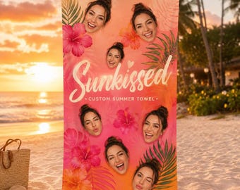 Custom Face Beach Towel, Personalized Tropical Towel, Sunkissed Summer Gift, Pool Towel For Women, Vacation Essential