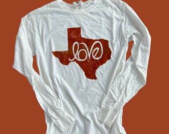 Long Sleeve White and Burnt Orange Texas T Shirt | Comfort Colors Graphic T Shirt