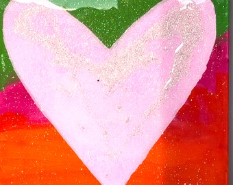 Pink Orange  Green Heart Painting with Glittery Resin  | 12 x 12 inch Wall Tile
