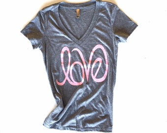 Short Sleeve V Neck Grey with Pink Love  Graphic  T Shirt | Next Level Women’s Fit Tee