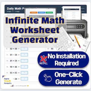 May include: An advertisement for an "Infinite Math Worksheet Generator." The image shows a computer screen, a printer, and printed worksheets with math problems. Text on the image includes "No Installation Required" and "One-Click Generate."