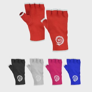 May include: A collection of fingerless gloves in red, black, gray, pink, and blue. Each glove features a ribbed cuff, an open-finger design, and a white circular logo on the back of the hand depicting a stylized dragon emblem.