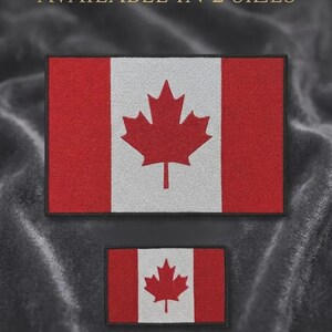 May include: Two Canadian flag patches in different sizes. The flags feature a red maple leaf on a white background, flanked by red vertical bars. The text "AVAILABLE IN 2 SIZES" is at the top of the image.