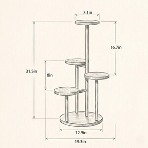May include: A multi-tiered wooden plant stand with five circular platforms at varying heights. The structure features a central base and vertical supports. Dimensions are labelled as 31.5in total height, 19.3in width, 12.9in base, 7.1in platform, and 8in and 16.7in height intervals.
