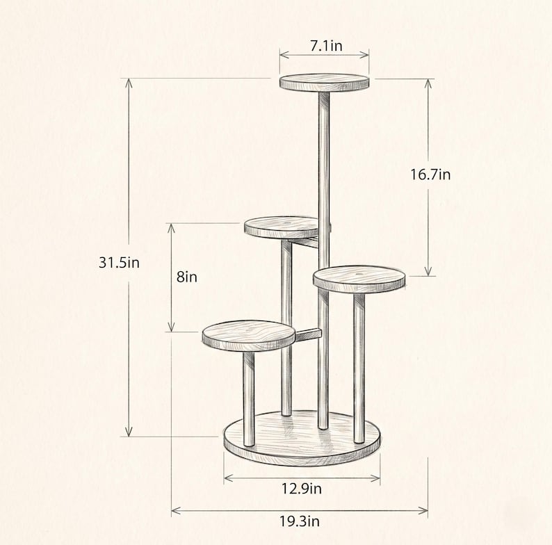 May include: A multi-tiered wooden plant stand with five circular platforms at varying heights. The structure features a central base and vertical supports. Dimensions are labelled as 31.5in total height, 19.3in width, 12.9in base, 7.1in platform, and 8in and 16.7in height intervals.