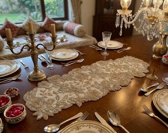 Handmade Snowflake Coastal Shell Sunflower Beaded Table Runner Decorative 13x36 Inch