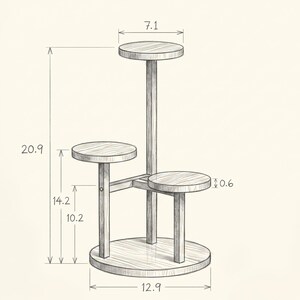 May include: A multi-tiered plant stand with four circular platforms at varying heights. The structure features a central vertical support and three smaller legs. Technical line drawing with dimensions in cm: 20.9 total height, 12.9 base width, 7.1 platform diameter, and 0.6 thickness.