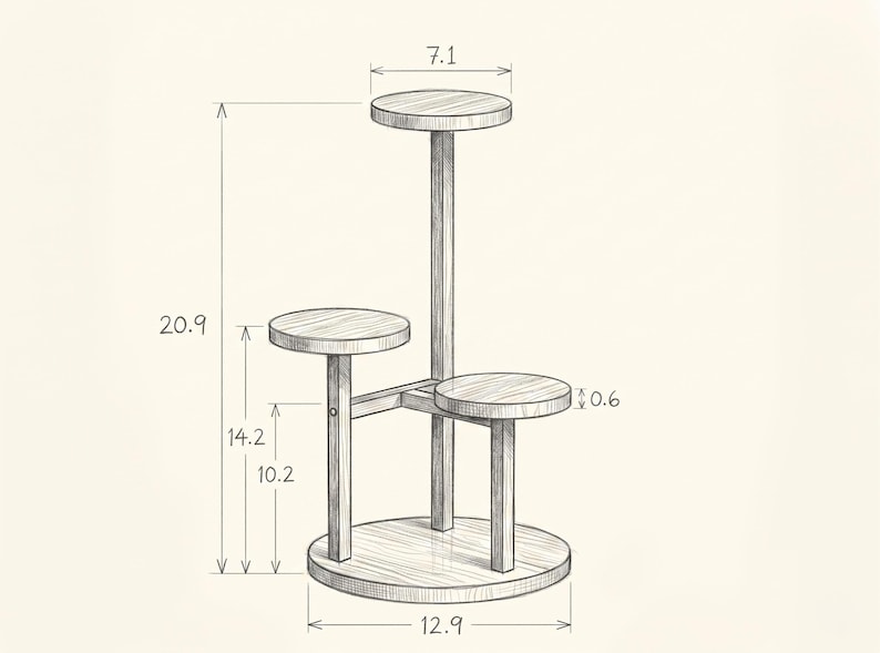 May include: A multi-tiered plant stand with four circular platforms at varying heights. The structure features a central vertical support and three smaller legs. Technical line drawing with dimensions in cm: 20.9 total height, 12.9 base width, 7.1 platform diameter, and 0.6 thickness.