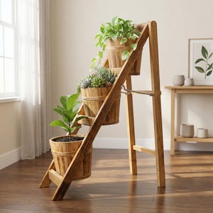 May include: A wooden ladder-style plant stand with three tiers, each holding a round wooden bucket planter. The stand features a light brown finish and a metal support bar. The planters contain various green houseplants and succulents.