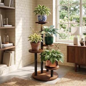 May include: A multi-tiered plant stand featuring a central dark metal support column and circular wooden shelves. The stand holds four potted plants, including one in a blue and white patterned ceramic pot, one in a dark green pot, one in a terracotta pot, and one in a textured copper-coloured metal pot.
