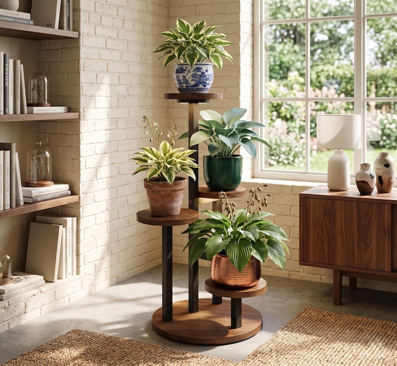 May include: A multi-tiered plant stand featuring a central dark metal support column and circular wooden shelves. The stand holds four potted plants, including one in a blue and white patterned ceramic pot, one in a dark green pot, one in a terracotta pot, and one in a textured copper-coloured metal pot.