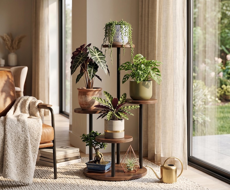 May include: A multi-tiered plant stand featuring a central black metal pole and circular dark wood shelves. The stand holds six various potted plants, including a trailing succulent, a bonsai, and leafy green foliage in ceramic pots.