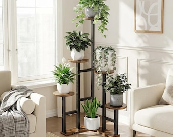 L-Shaped 6-Tier Metal & Engineered Wood Indoor Flower Pot Holder Industrial Corner Plant Stand