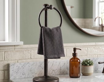 Waffle Weave Hand Towel – Bronze Finish Freestanding Ring Holder