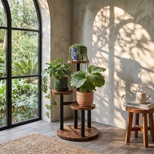 May include: A tiered wooden plant stand with black metal supports holding three potted plants, including a trailing succulent, a leafy green plant, and a broad-leafed plant in a textured terracotta pot, next to a small wooden stool with a watering can.