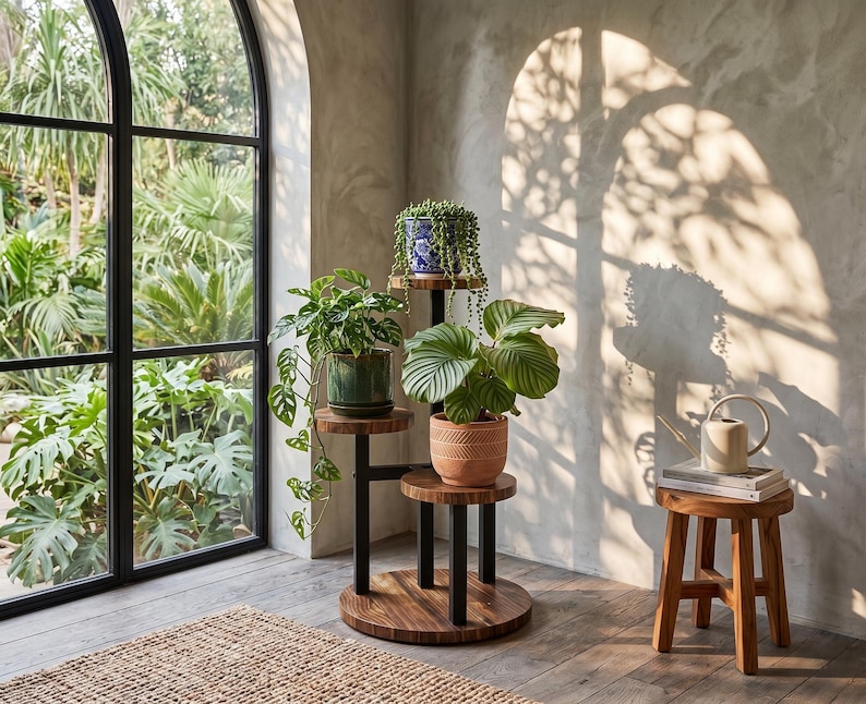 May include: A tiered wooden plant stand with black metal supports holding three potted plants, including a trailing succulent, a leafy green plant, and a broad-leafed plant in a textured terracotta pot, next to a small wooden stool with a watering can.