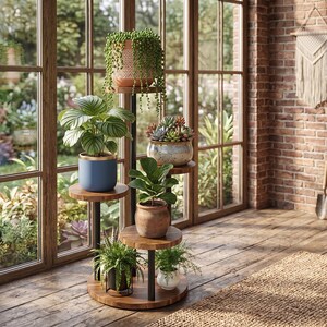 May include: A multi-tiered wooden plant stand with a central black metal pole, featuring six circular shelves holding various potted plants, including a trailing succulent, a blue pot with a green leafy plant, and several terracotta pots.