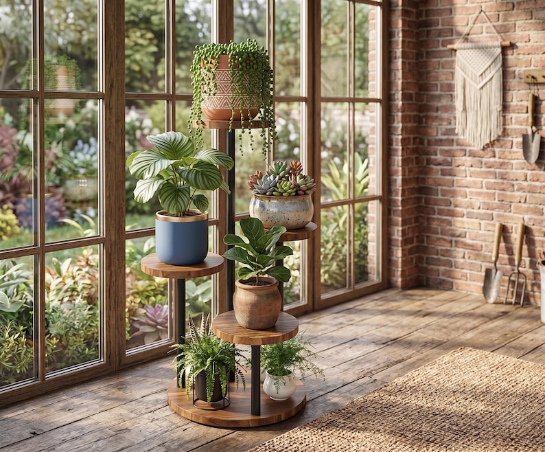 May include: A multi-tiered wooden plant stand with a central black metal pole, featuring six circular shelves holding various potted plants, including a trailing succulent, a blue pot with a green leafy plant, and several terracotta pots.