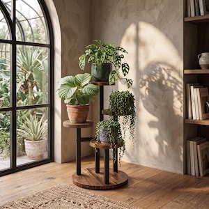May include: A multi-tiered plant stand featuring a circular wooden base and four staggered wooden platforms supported by black metal legs. The stand holds four potted plants, including a trailing succulent and a leafy green monstera plant.