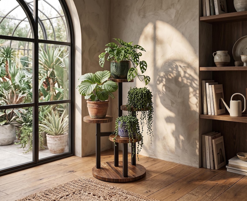 May include: A multi-tiered plant stand featuring a circular wooden base and four staggered wooden platforms supported by black metal legs. The stand holds four potted plants, including a trailing succulent and a leafy green monstera plant.