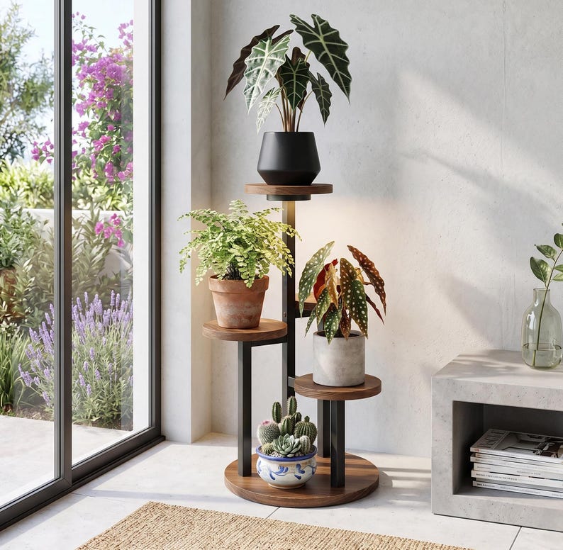 May include: A multi-tiered plant stand featuring a black metal frame and circular wooden shelves. The stand holds four potted plants, including an Alocasia, a fern, a spotted Begonia, and a small cactus arrangement in a blue and white bowl.