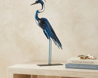 Handmade Metal Heron Statue: Country Rustic Bird Sculpture (Vintage Blue, White, Brown)