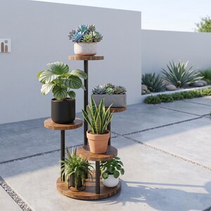 May include: A multi-tiered plant stand featuring a central black metal pole and circular wooden shelves at varying heights. The stand holds seven potted plants, including succulents, a snake plant, a fern, and a leafy green plant in various pots.