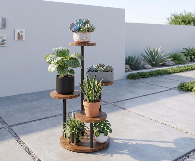 May include: A multi-tiered plant stand featuring a central black metal pole and circular wooden shelves at varying heights. The stand holds seven potted plants, including succulents, a snake plant, a fern, and a leafy green plant in various pots.