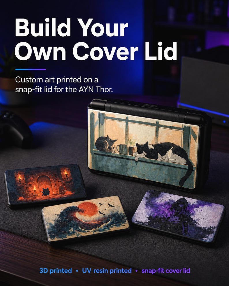 May include: A black snap-fit cover lid for the AYN Thor handheld console, featuring custom art prints of cats on a windowsill, a dungeon scene, a large red sun over a wave, and a dark hooded figure. The text reads Build Your Own Cover Lid.
