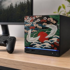 Japanese Crane Steam Machine Faceplate – UV Printed Front Panel | Red Sun & Cherry Blossom Art | Custom Mini PC Cover | Gamer Gift image 4