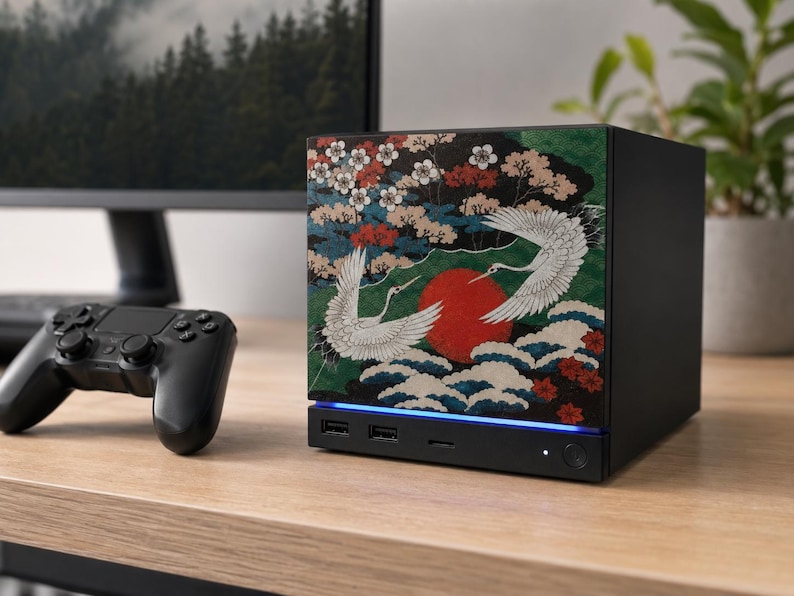 Japanese Crane Steam Machine Faceplate – UV Printed Front Panel | Red Sun & Cherry Blossom Art | Custom Mini PC Cover | Gamer Gift image 4