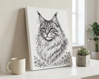 Maine coon cat portrait canvas wall art minimalist line print 12x16 cat lover gift for pet owner home decor unique pet portrait art for her