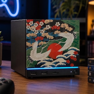 Japanese Crane Steam Machine Faceplate – UV Printed Front Panel | Red Sun & Cherry Blossom Art | Custom Mini PC Cover | Gamer Gift image 11