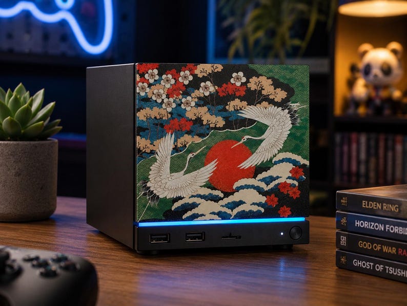 Japanese Crane Steam Machine Faceplate – UV Printed Front Panel | Red Sun & Cherry Blossom Art | Custom Mini PC Cover | Gamer Gift image 11