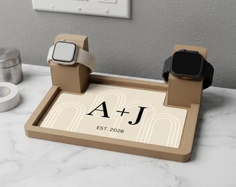 Personalized Dual Apple Watch Charging Stand, Custom Nightstand Organizer, Couple Gift
