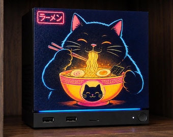Steam Machine Faceplate Neon Ramen Cat Art | Magnetic UV Printed Panel | Kawaii Japanese Gamer Decor