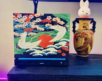 Japanese Crane Steam Machine Faceplate – UV Printed Front Panel | Red Sun & Cherry Blossom Art | Custom Mini PC Cover | Gamer Gift