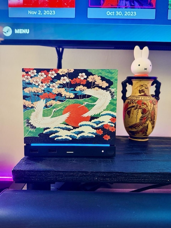 Japanese Crane Steam Machine Faceplate – UV Printed Front Panel | Red Sun & Cherry Blossom Art | Custom Mini PC Cover | Gamer Gift