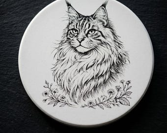 maine coon cat line art ceramic coaster cat lover gift idea pet portrait drink coaster housewarming gift cat mom home decor kitchen barware