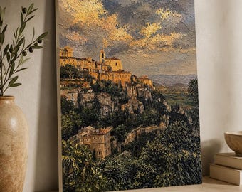 Tuscany Hill Town Textured Painting Print, Rustic Sunset Canvas Wall Art
