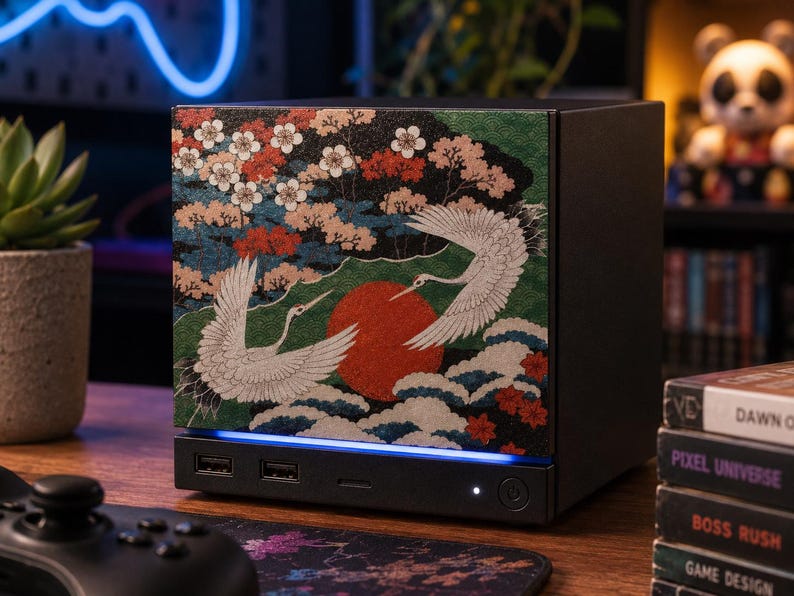 May include: A black desktop computer case featuring a front panel with a detailed graphic print of two white cranes, a large red sun, and blooming cherry blossom trees. The base includes two USB ports, a power button, and a blue LED light strip.