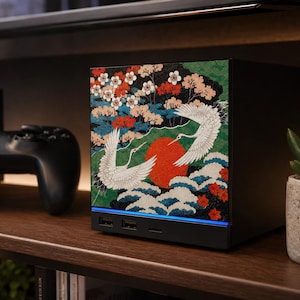 Japanese Crane Steam Machine Faceplate – UV Printed Front Panel | Red Sun & Cherry Blossom Art | Custom Mini PC Cover | Gamer Gift image 6