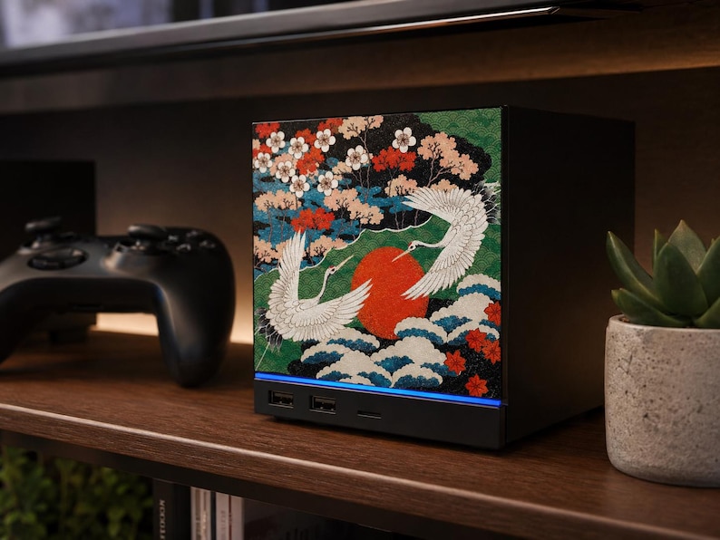 Japanese Crane Steam Machine Faceplate – UV Printed Front Panel | Red Sun & Cherry Blossom Art | Custom Mini PC Cover | Gamer Gift image 6